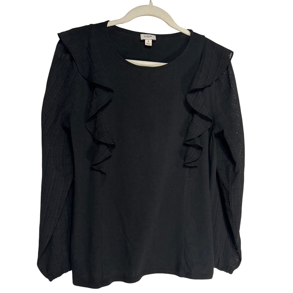 J.Crew Ruffle Shoulder Sheer Sleeve Mixed Media Top Black Size Small